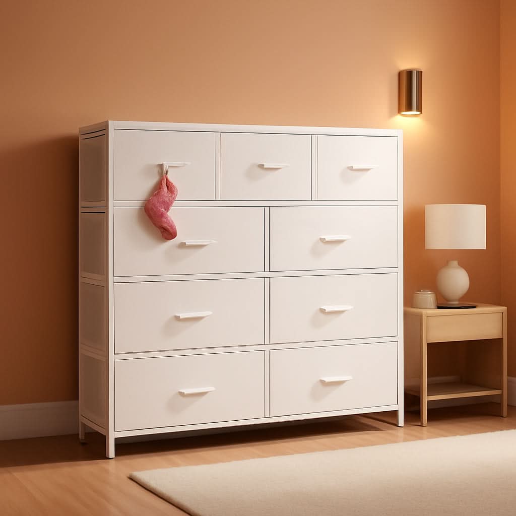 9 Drawer Fabric Dresser White With Steel Frame And Wood Top