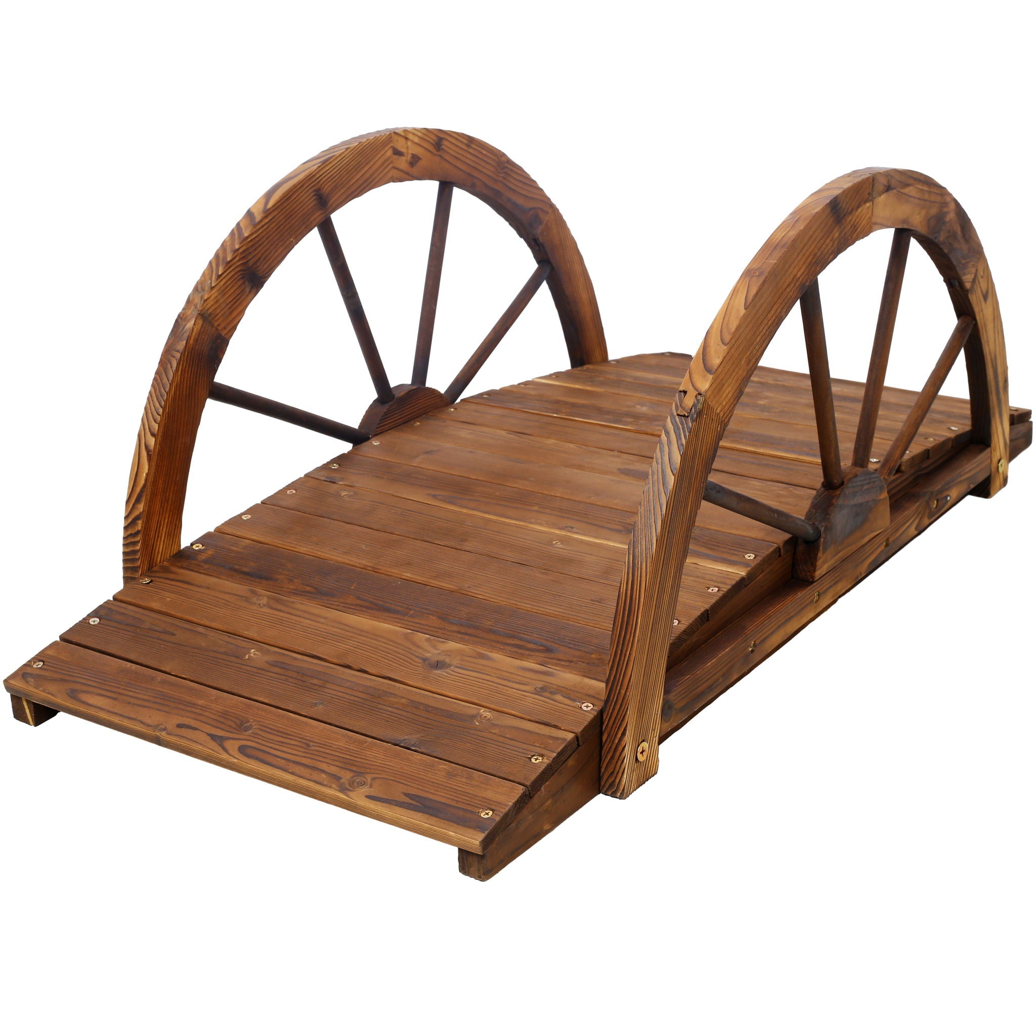 Wooden Garden Bridge Arc Footbridge With Half Wheel Railings Solid Fi - Brown
