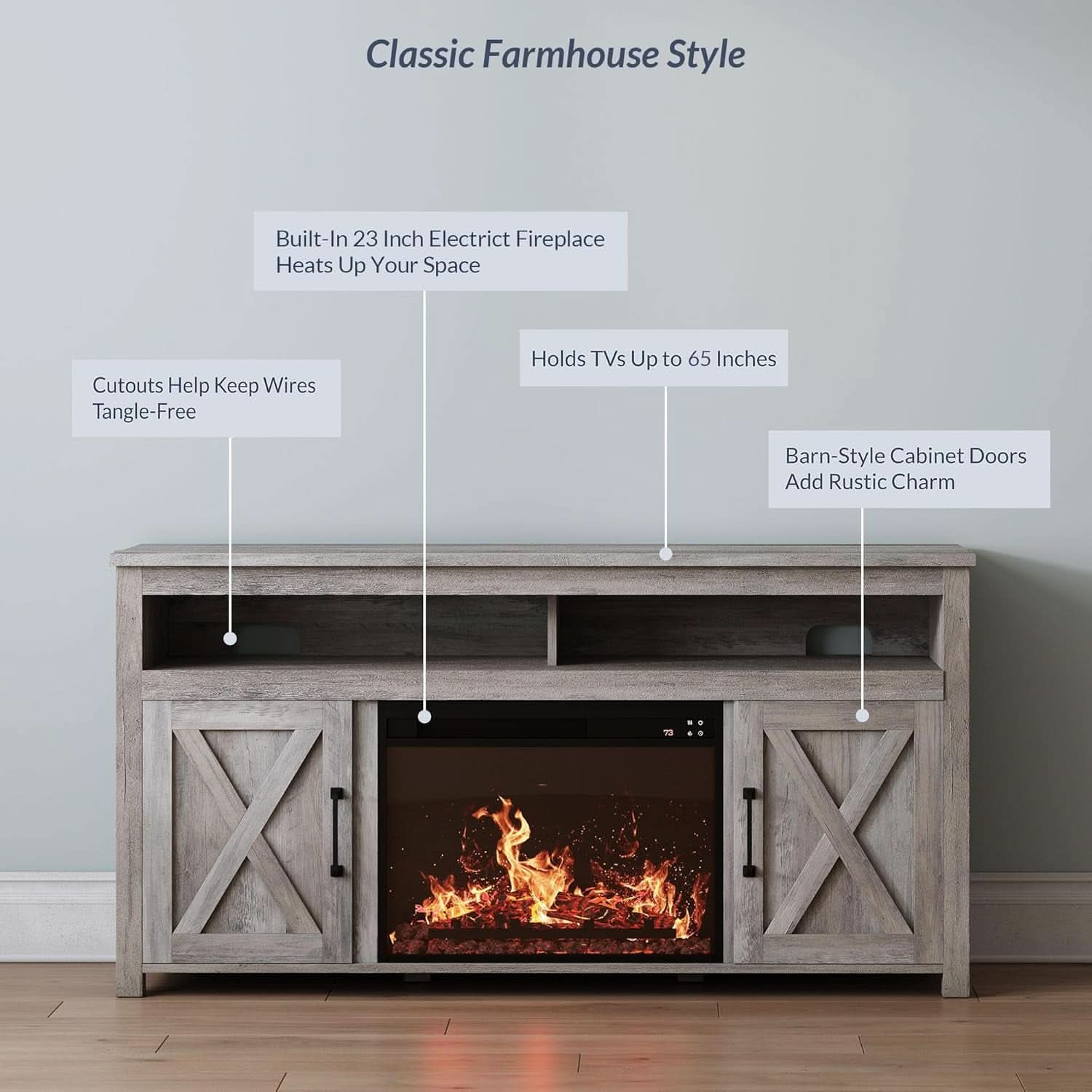 Barn Door Electric Fireplace TV Stand For 65 Inch TVs Gray