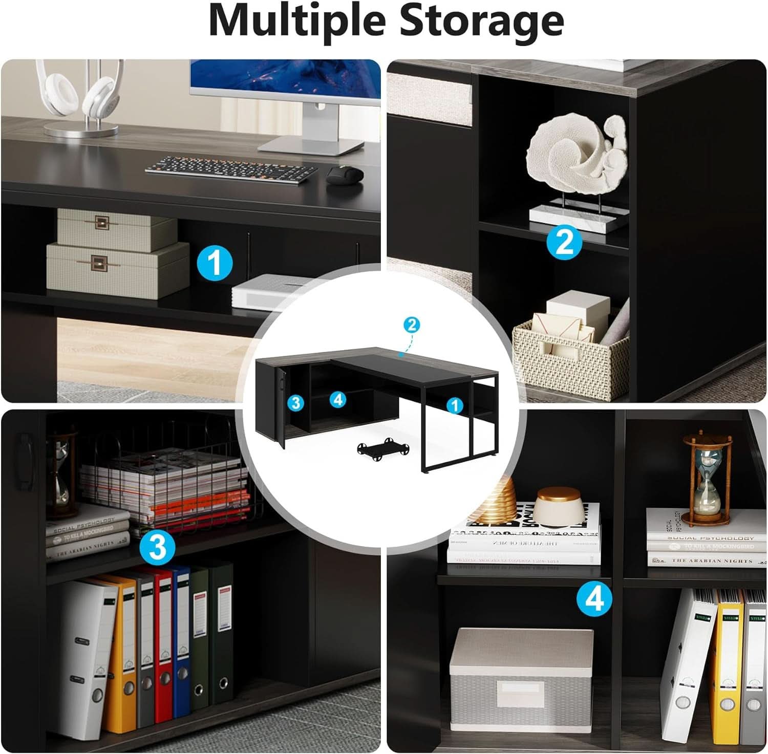 71 Inch Gray L Shaped Desk With Cabinet Storage For Home Office