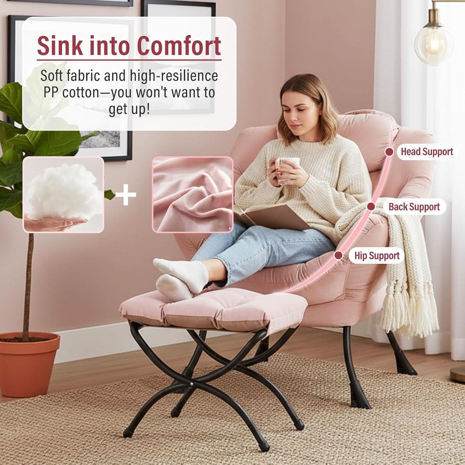 Pink Velvet Lounge Chair With Folding Footrest Ottoman