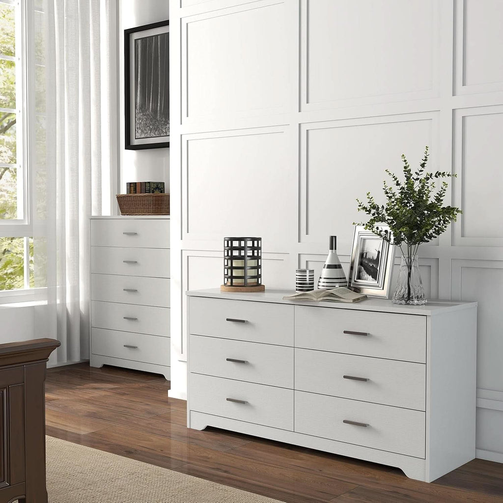 White Wooden 5 Drawer And 6 Drawer Dresser With Side By Side Layout