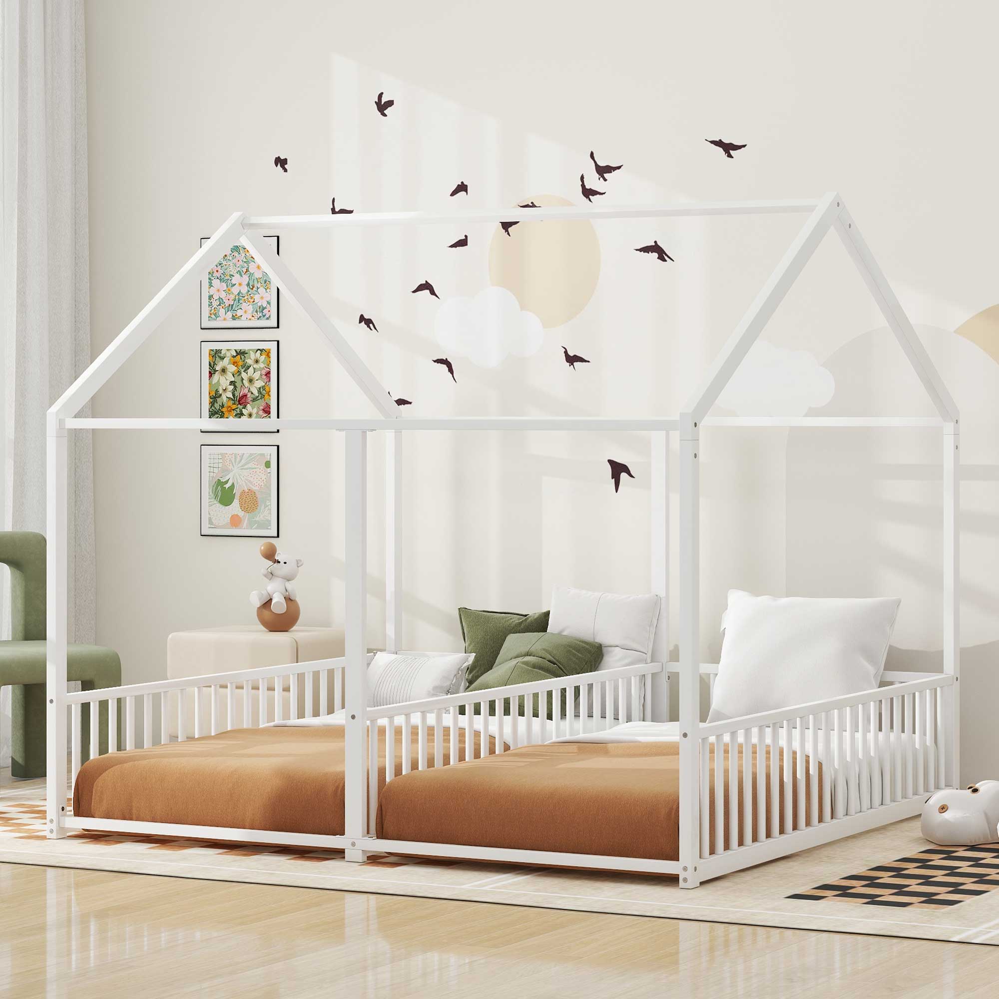 Metal Twin Size House Platform Beds 2 Shared Beds - Antique White