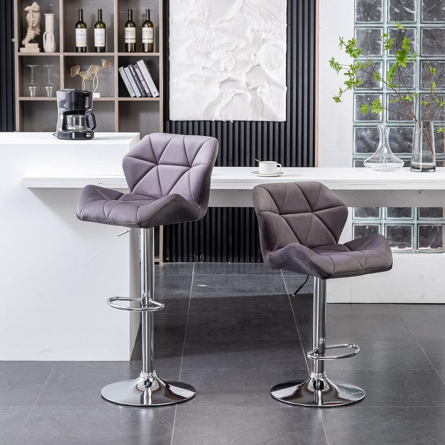 Breni Velvet Diamond Tufted Swivel Adjustable Height Bar Stool Set Of 2 Gray