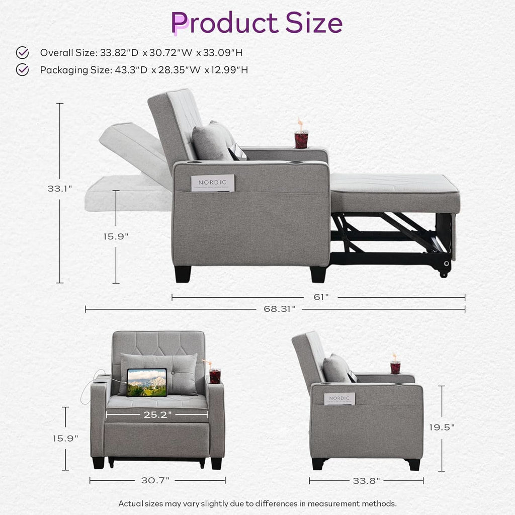 Charcoal Grey Convertible Sleeper Chair With USB Ports