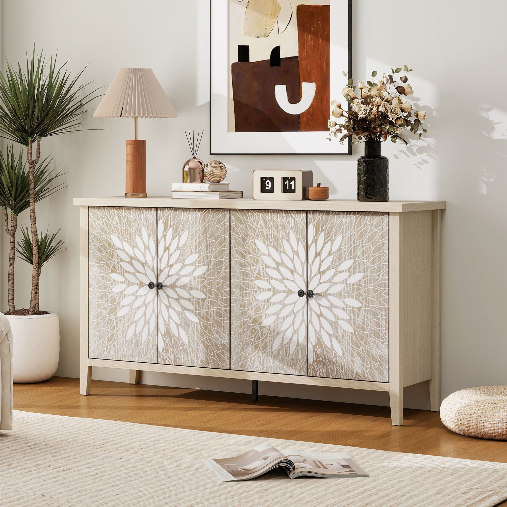 Modern Storage Cabinet With 4 Doors & Adjustable Shelves