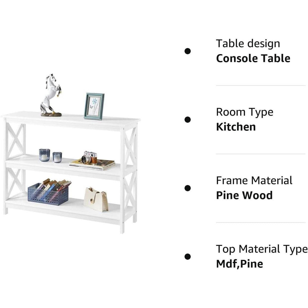 White Three Tier Console Table With Storage Shelves
