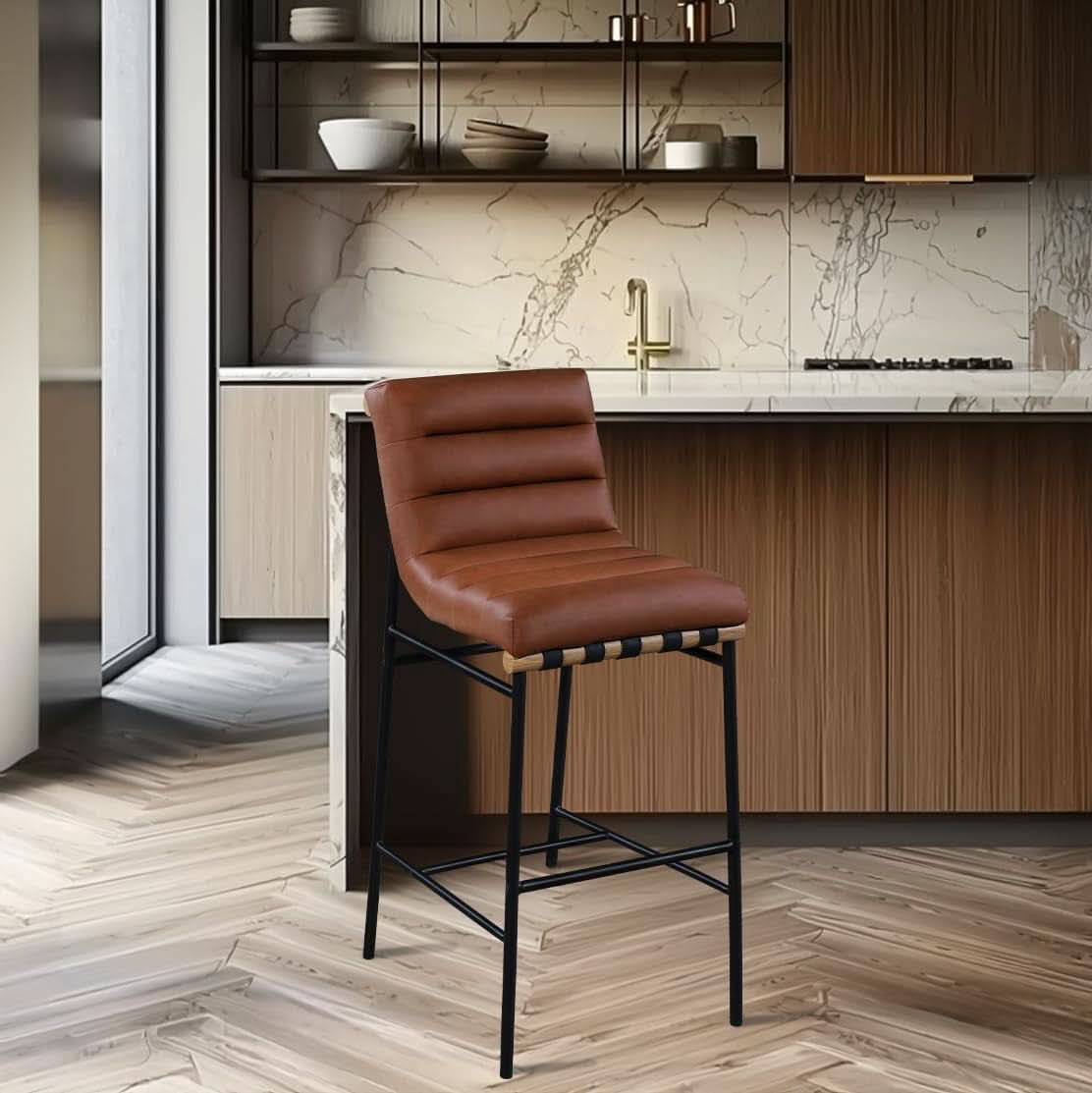 Burke Collection Modern Cognac Vegan Leather Bar Stool Matte Black Frame