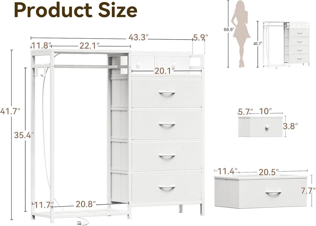 43Inch White Dresser With Hanging Rack AmbientLEDLighting