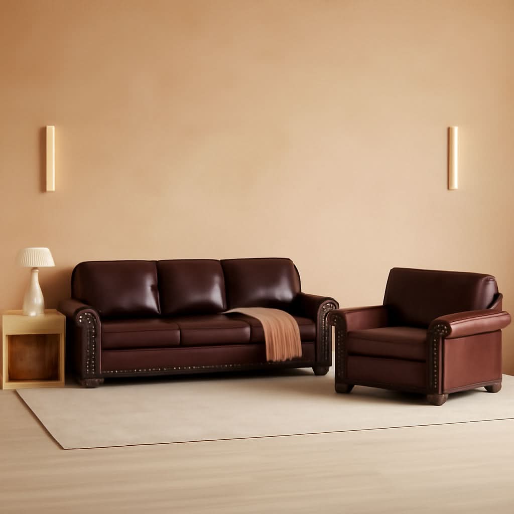 Two Piece Upholstered PU Leather Sofa Set With Hidden Storage Red Brown Mid Century Modern Living Room Furniture