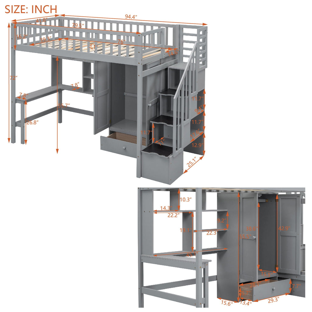 Loft Bed With Bookshelf, Drawers, Desk, And Wardrobe