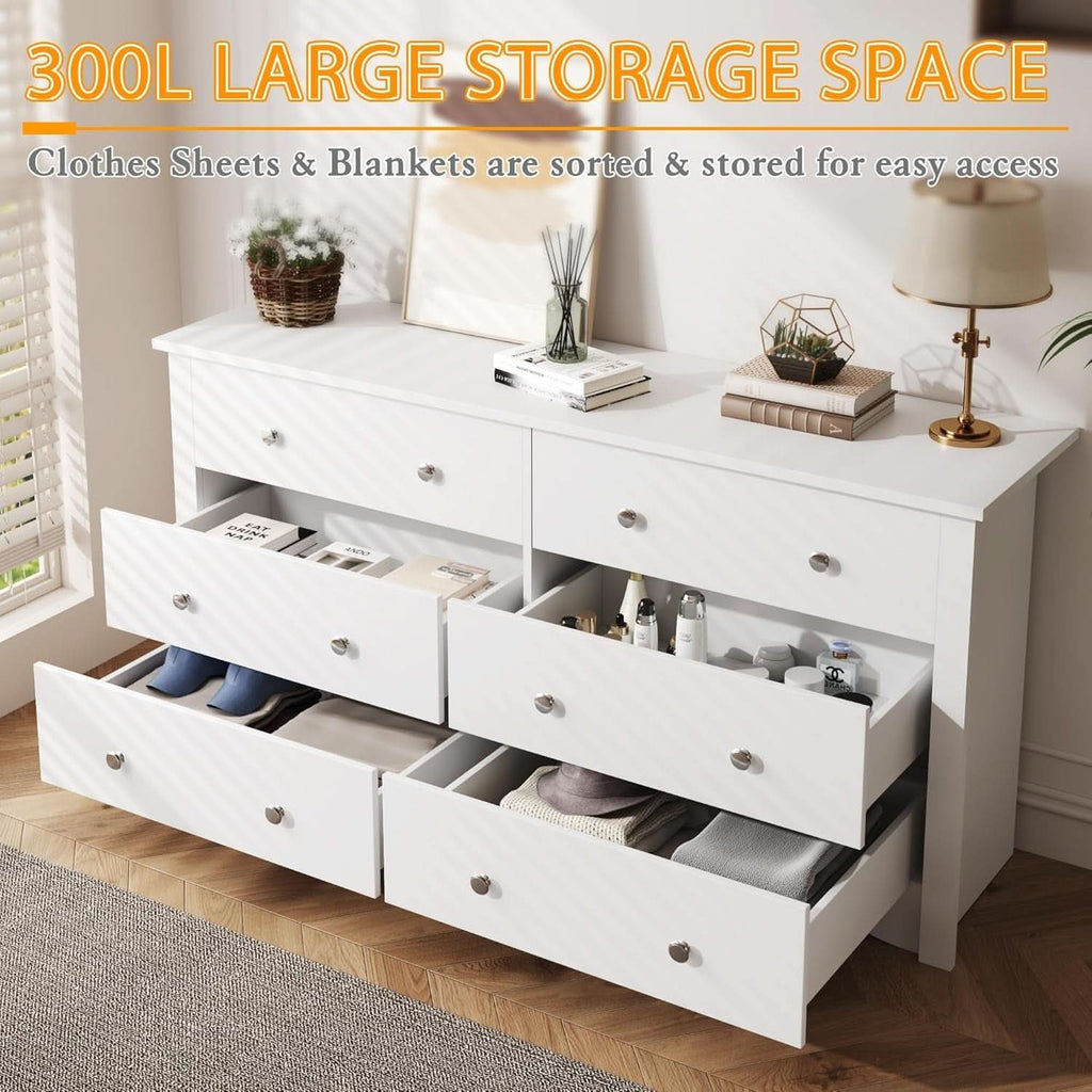 6 Drawer Dresser and TV Stand in White for 65 Inch TV