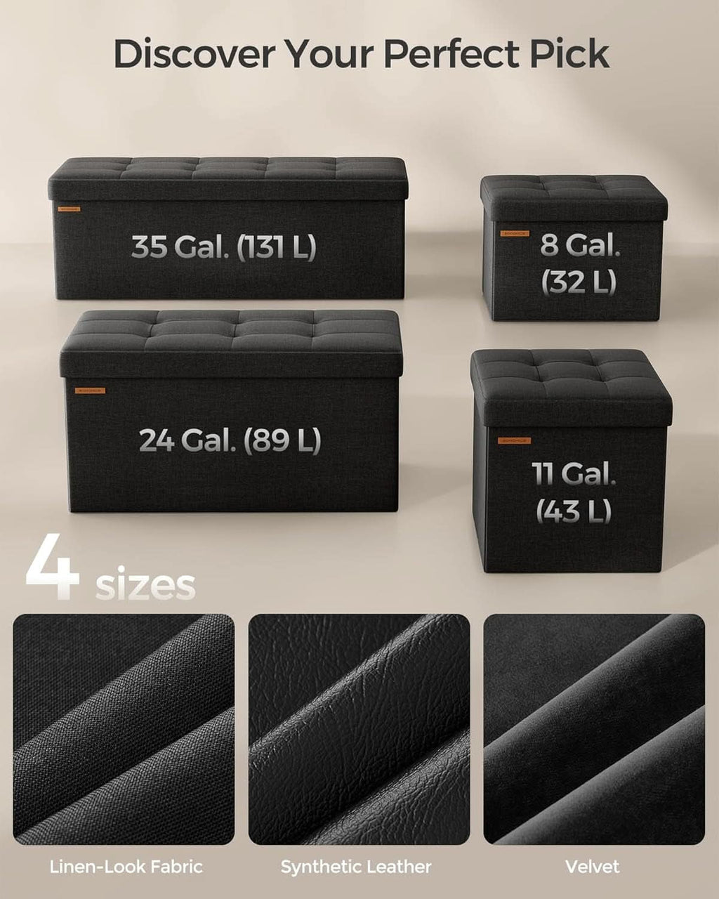 Ink Black 43 Inches Super Ultra Foldable Storage Ottoman