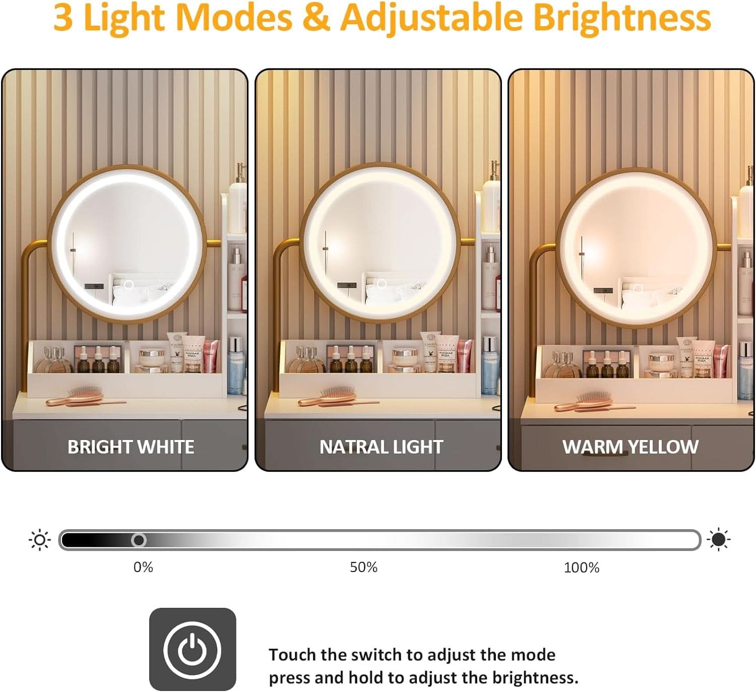 White Round LED Makeup Vanity Mirror With Charging Station 31.5 Inch
