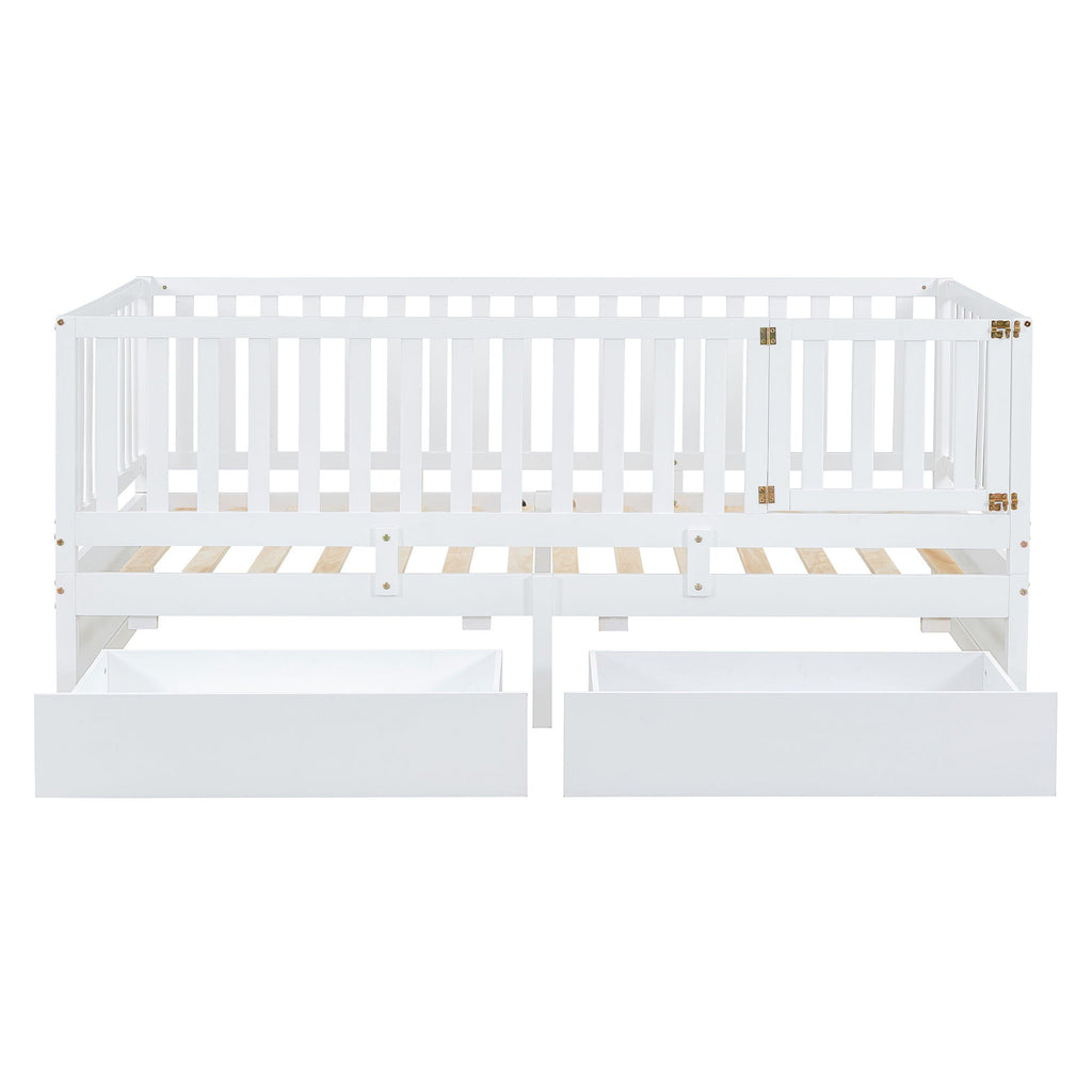 Daybed With Fence Guardrails And 2 Drawers, Split Into Independent Floor Bed & Daybed