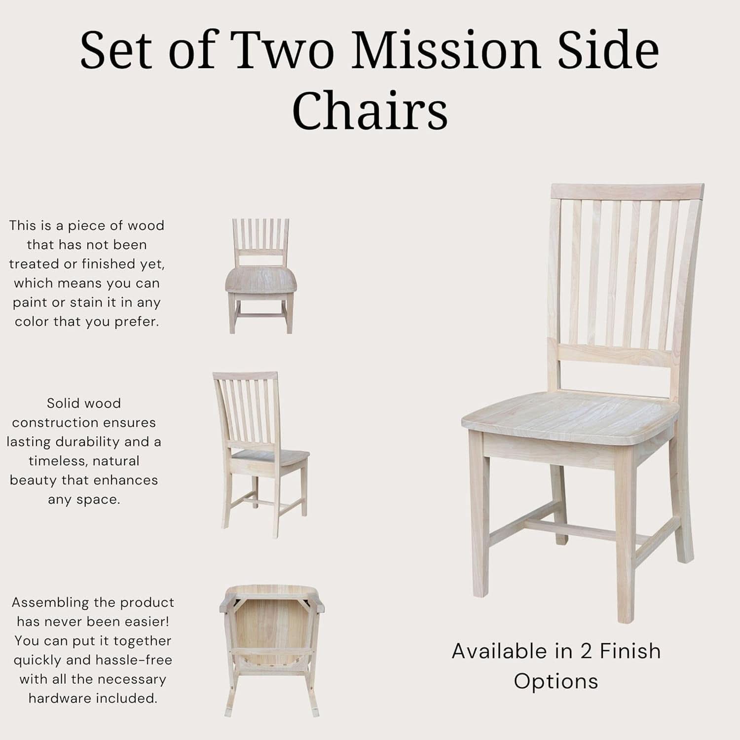 Mission Side Dining Chairs Set Of 2 Solid Parawood Unfinished 39.2 Inch Height