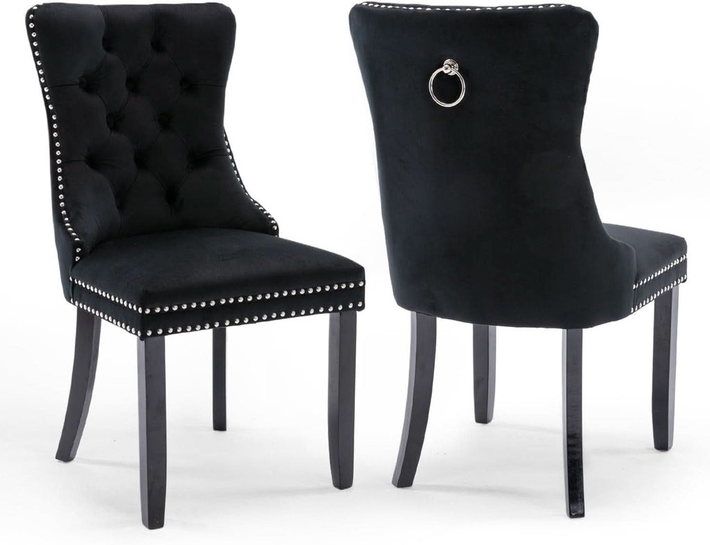 Black Velvet Tufted Dining Chairs With Nailhead Trim Set of 2