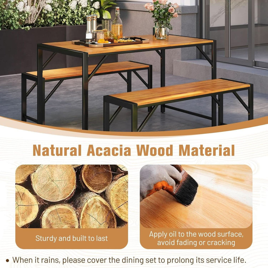 3 Piece Patio Dining Set For Six With 53 Inch Acacia Wood Table And Space Saving Benches