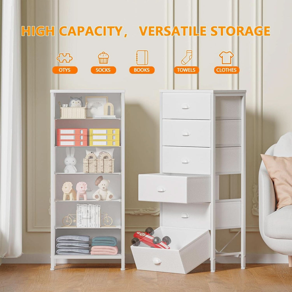 White Tall Dresser With Six Fabric Drawers For Organization