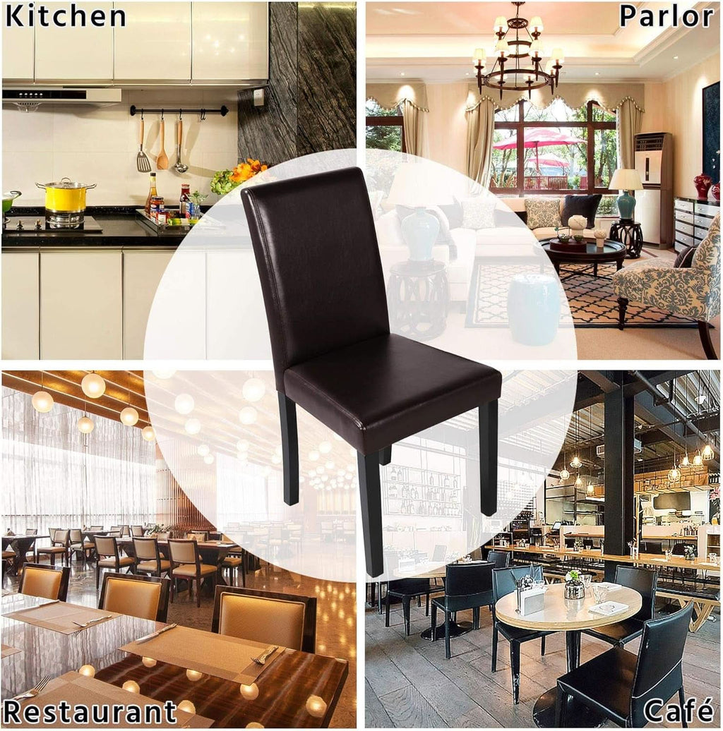 Set Of 4 Dark Brown PU Leather Dining Chairs With Wood Legs