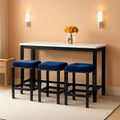 Blue Velvet Bar Table Set With Faux Marble Top 4 Piece