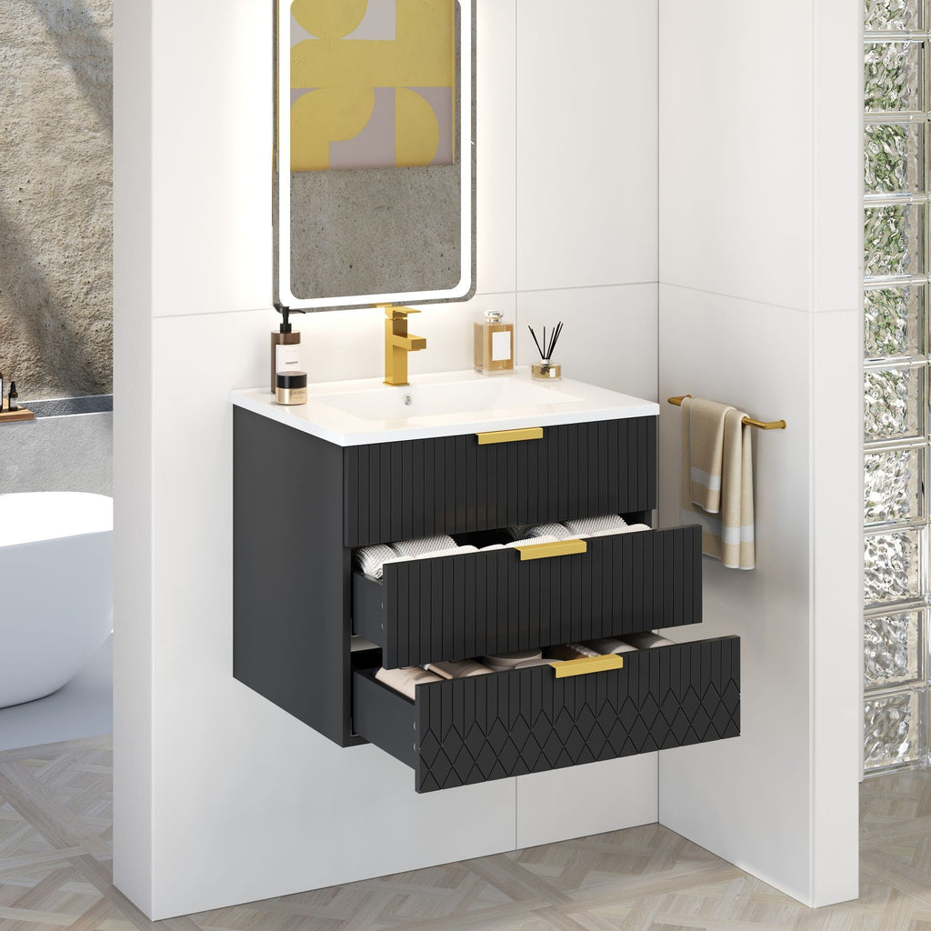 Wall Mounted Floating Cabinet With Double Drawer, Rectangular Sink