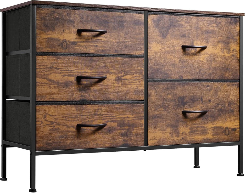 Rustic Brown Wood Grain 5 Drawer Dresser For Bedroom