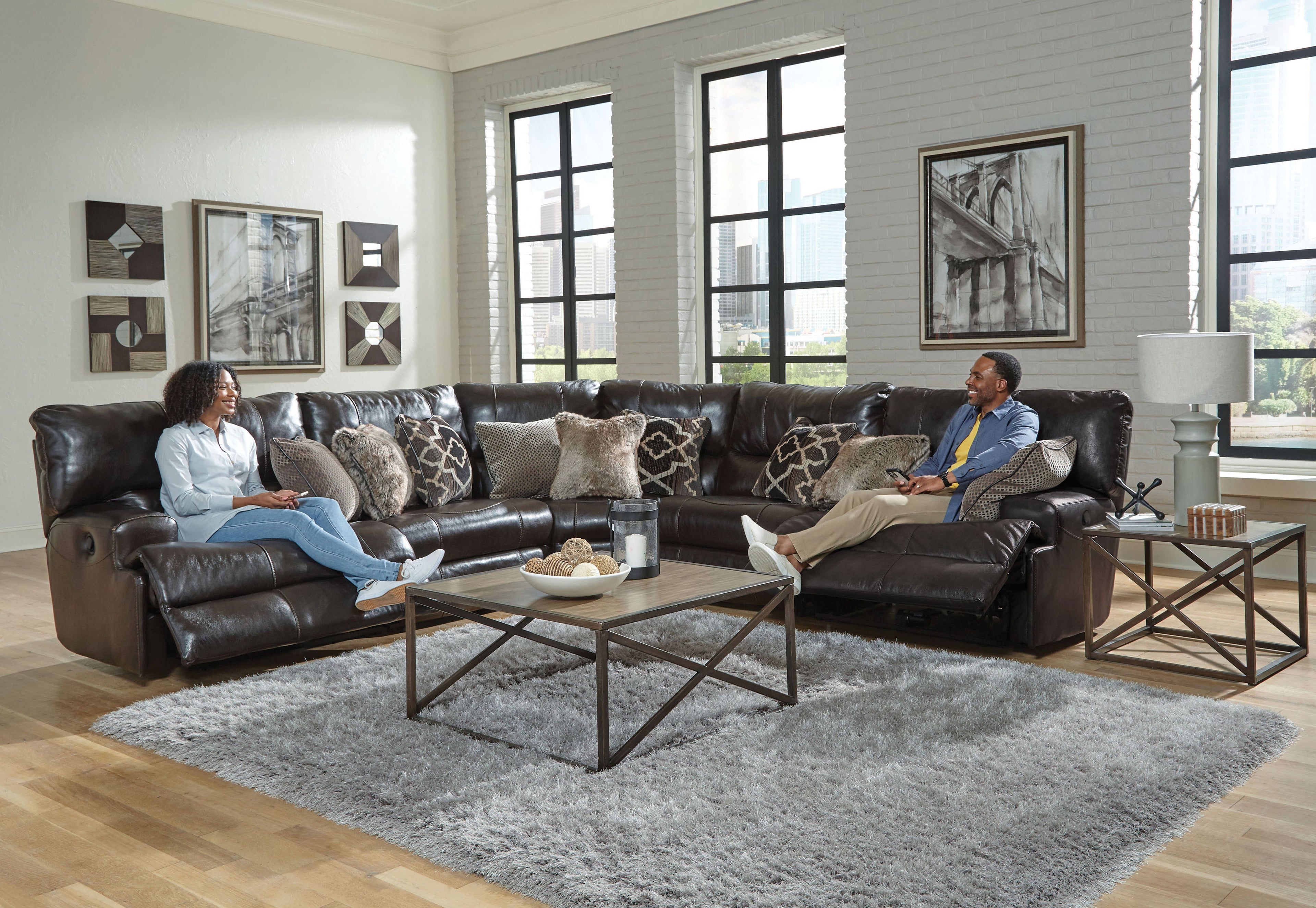 Como - 5 Piece Italian Leather Match Reclining Sectional