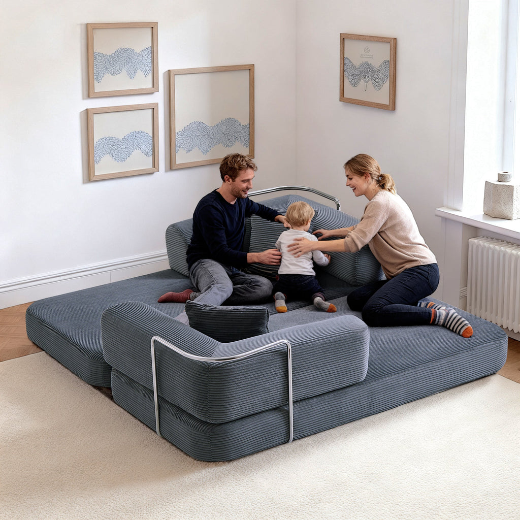 Sofa Bed Floor 5-in-1 Corduroy Gray Convertible Pillow Blanket 74.8 In