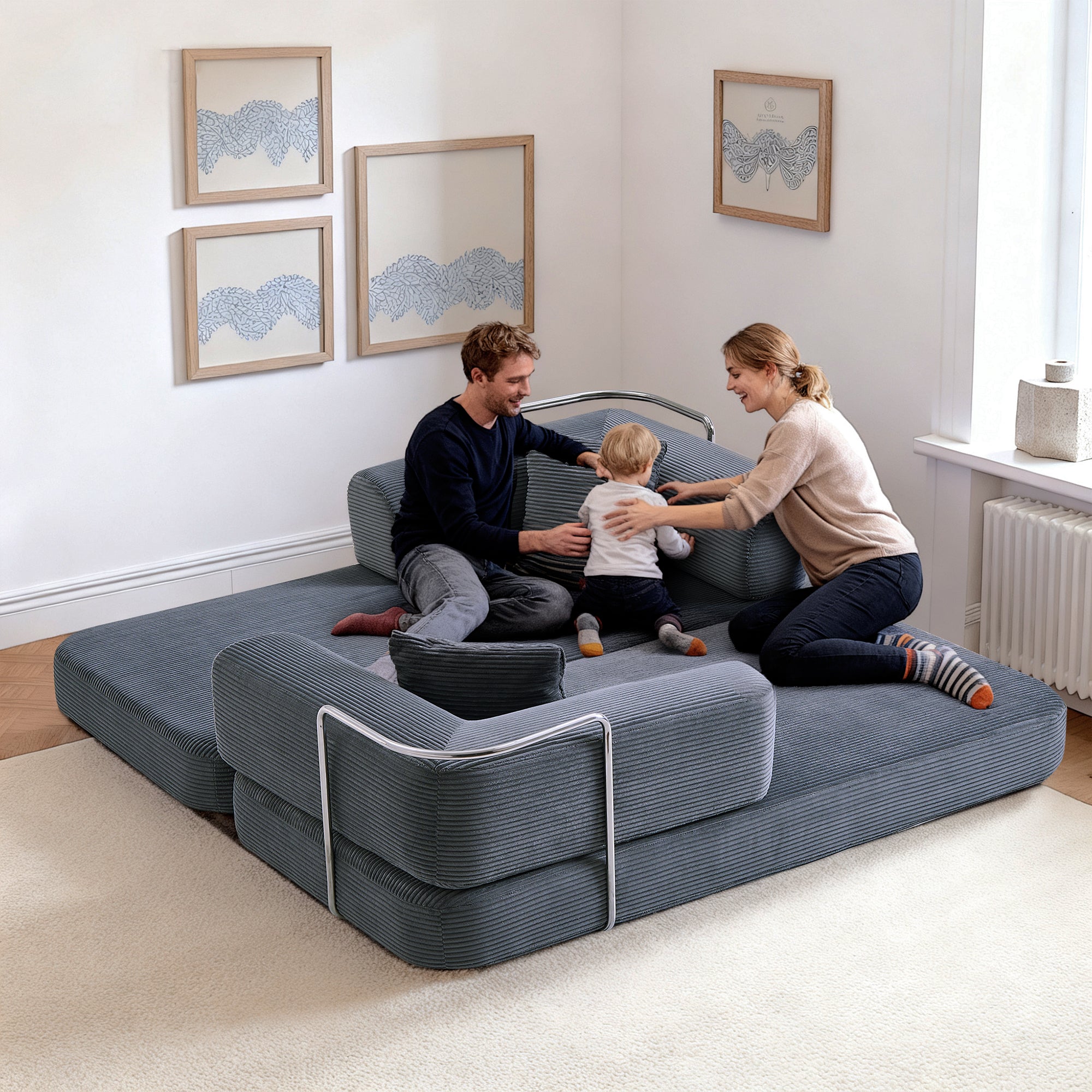 Sofa Bed Floor 5-in-1 Corduroy Gray Convertible Pillow Blanket 74.8 In