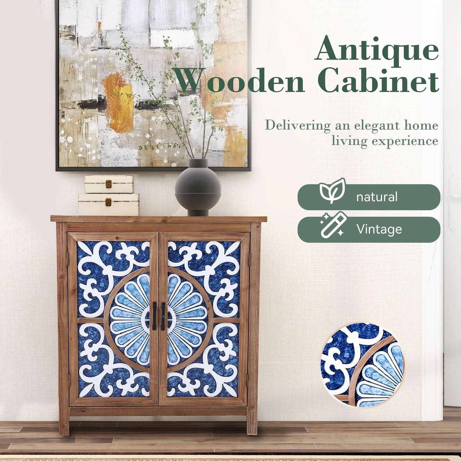Blue Porcelain Front Accent Storage Cabinet With 2 Doors