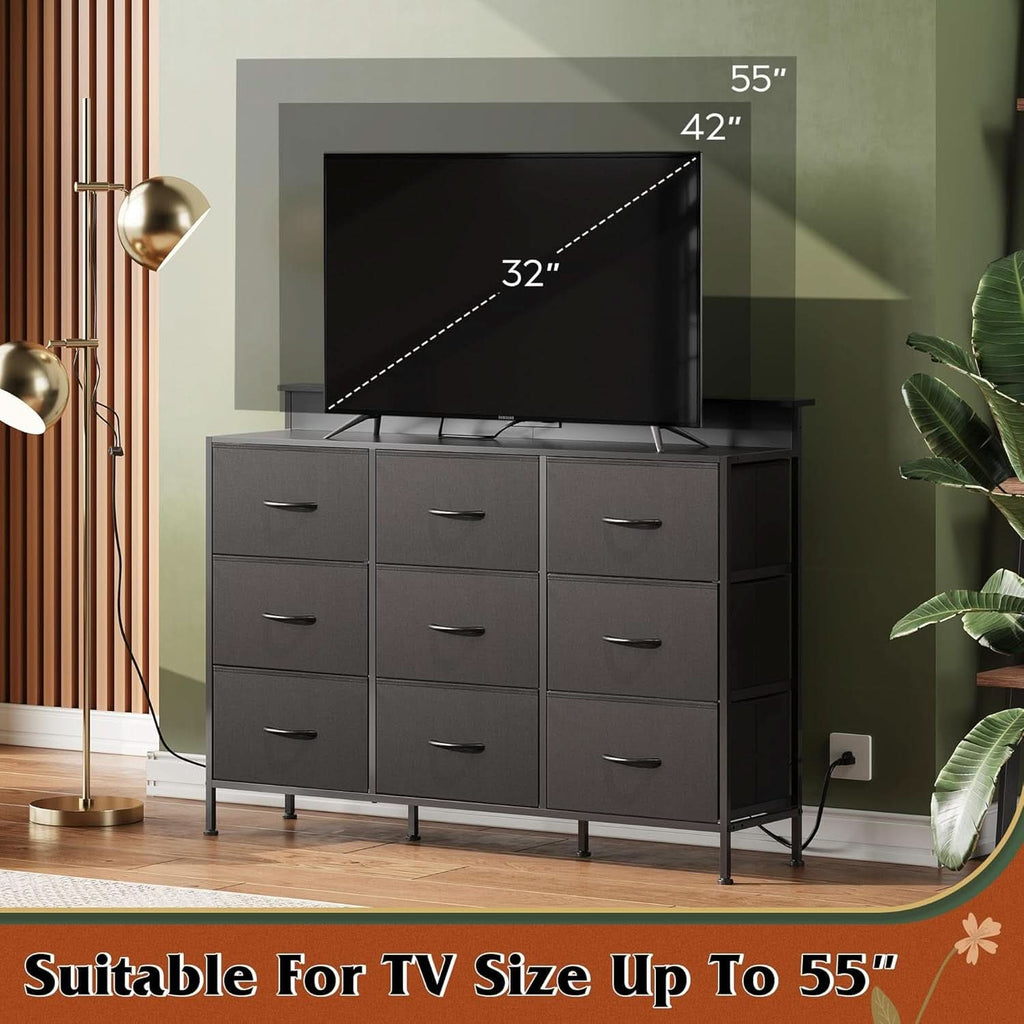 Black Dresser TV Stand 55 Inch With LED Lights And Charging Station