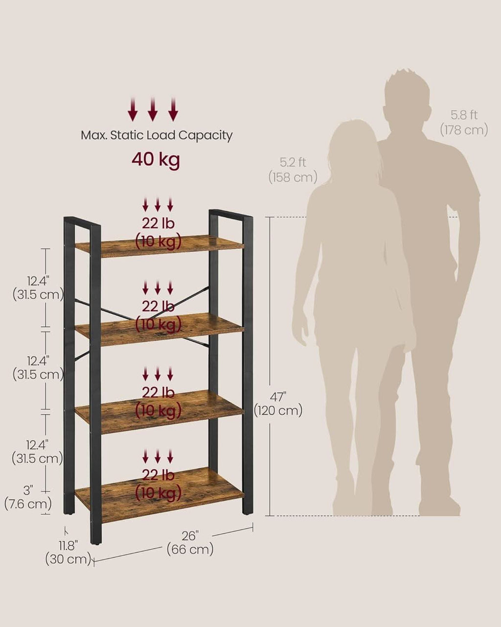 Four Tier Bookshelf Rustic Brown Steel Frame 47 Inches High