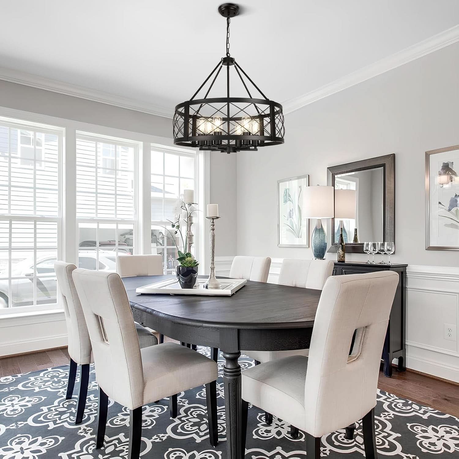 6 Light Black Rustic Drum Chandelier For Dining Room