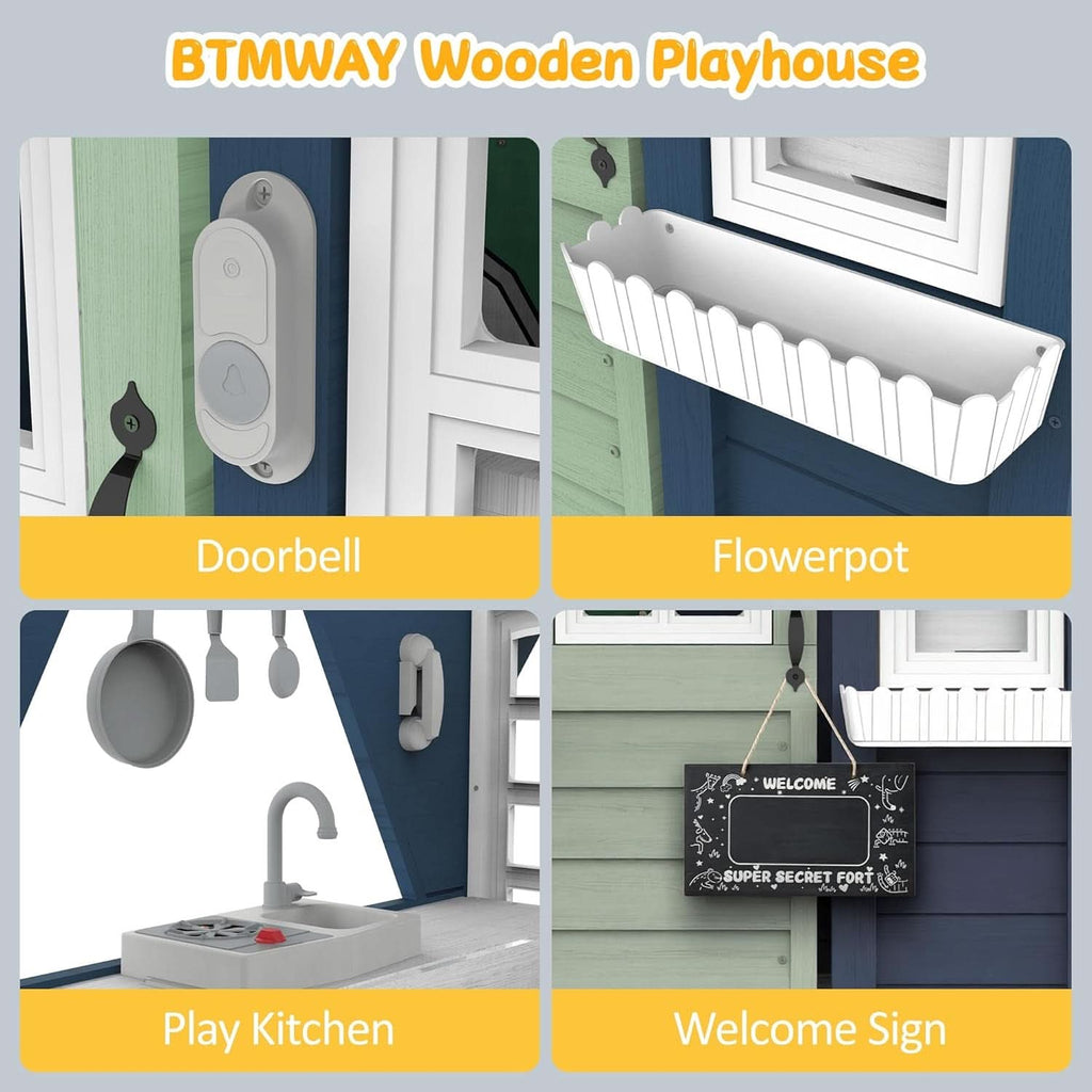 Blue Cedarwood Kids Playhouse Weather Resistant Outdoor