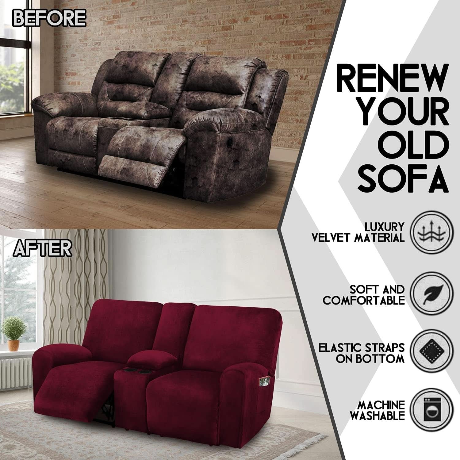 Burgundy Velvet Reclining Loveseat Slipcover Set 2 Seater Machine Washable