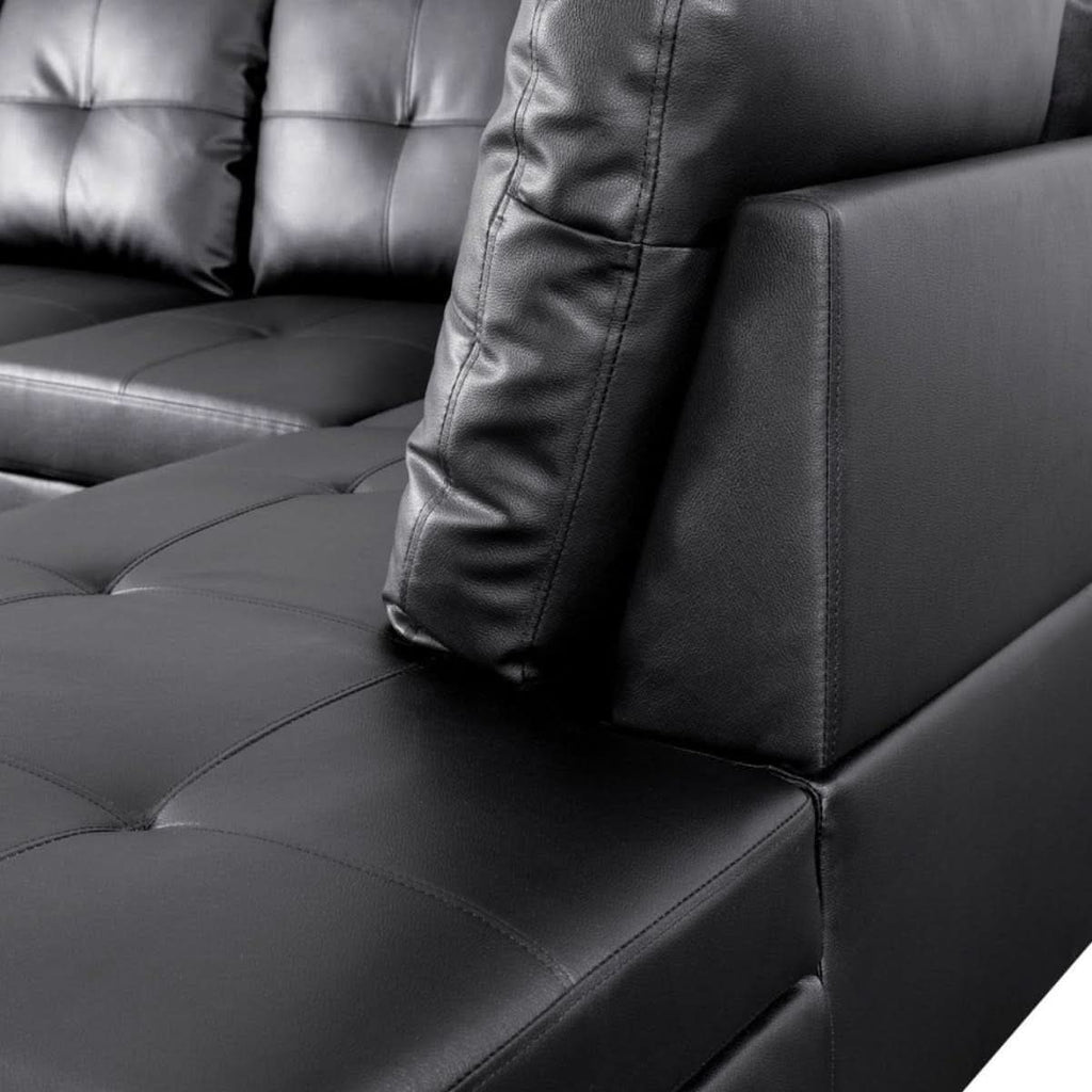 Black L Shaped 3 Piece Faux Leather Sofa Set With Storage Ottoman