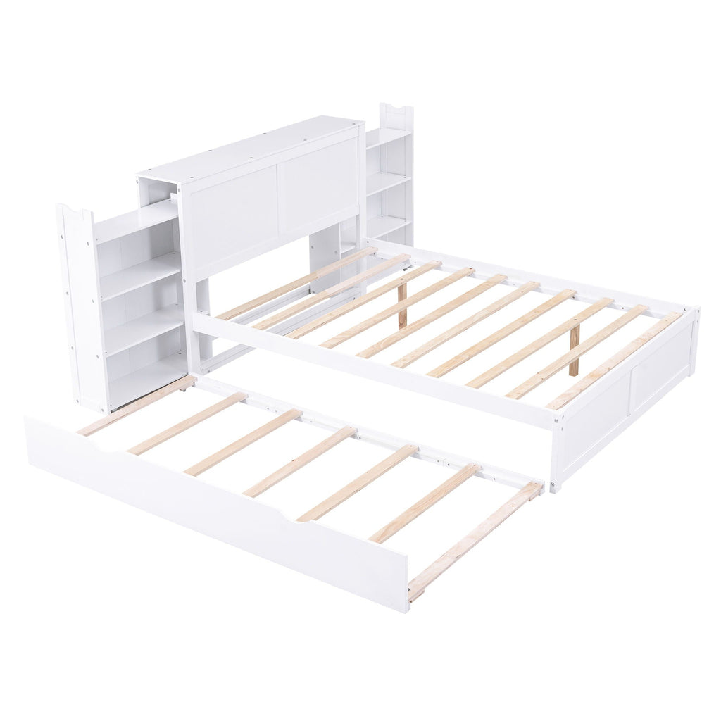 Storage Platform Bed With Pull Out Shelves And Trundle