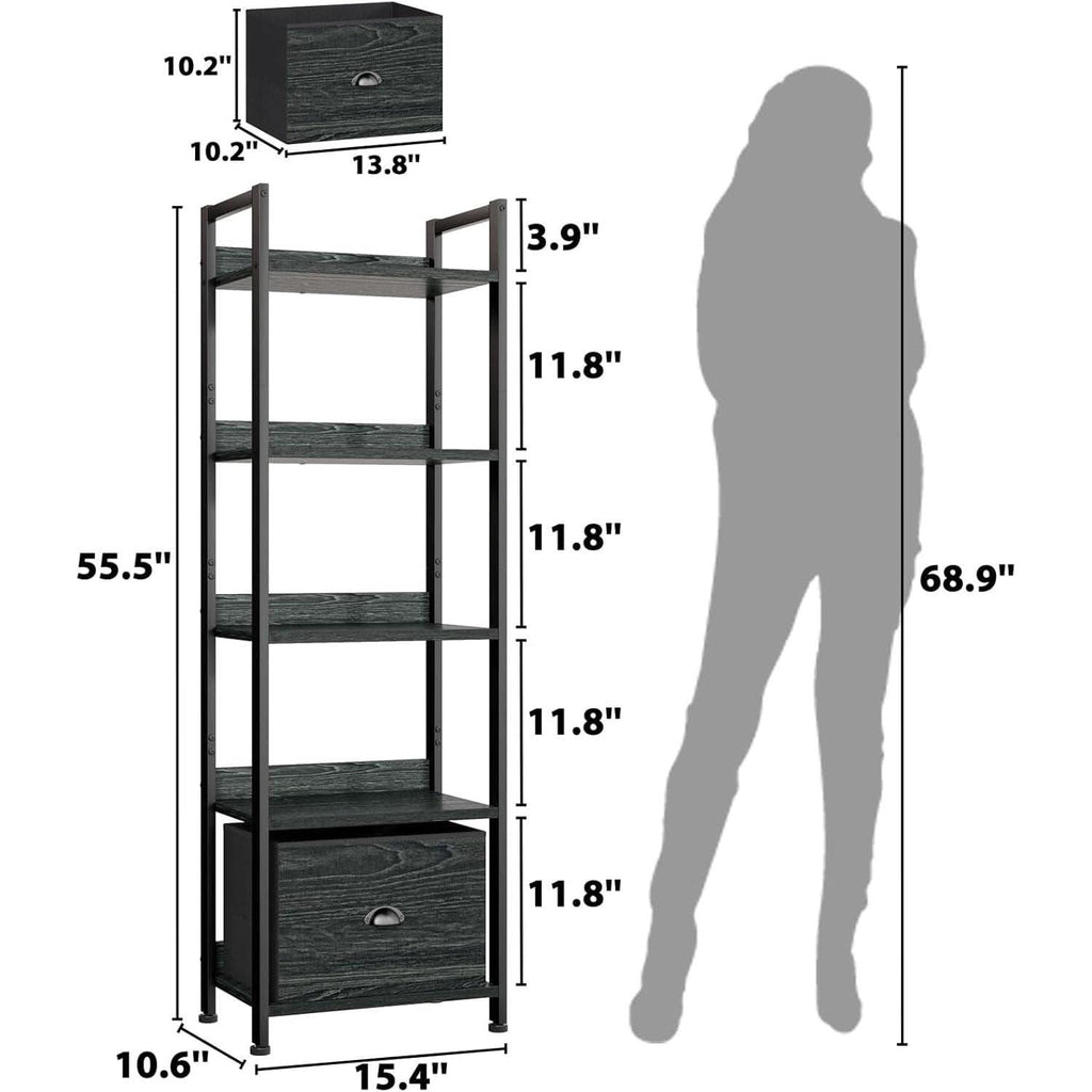 5 Tier Bookshelf With Drawer Black In Modern Rustic Style