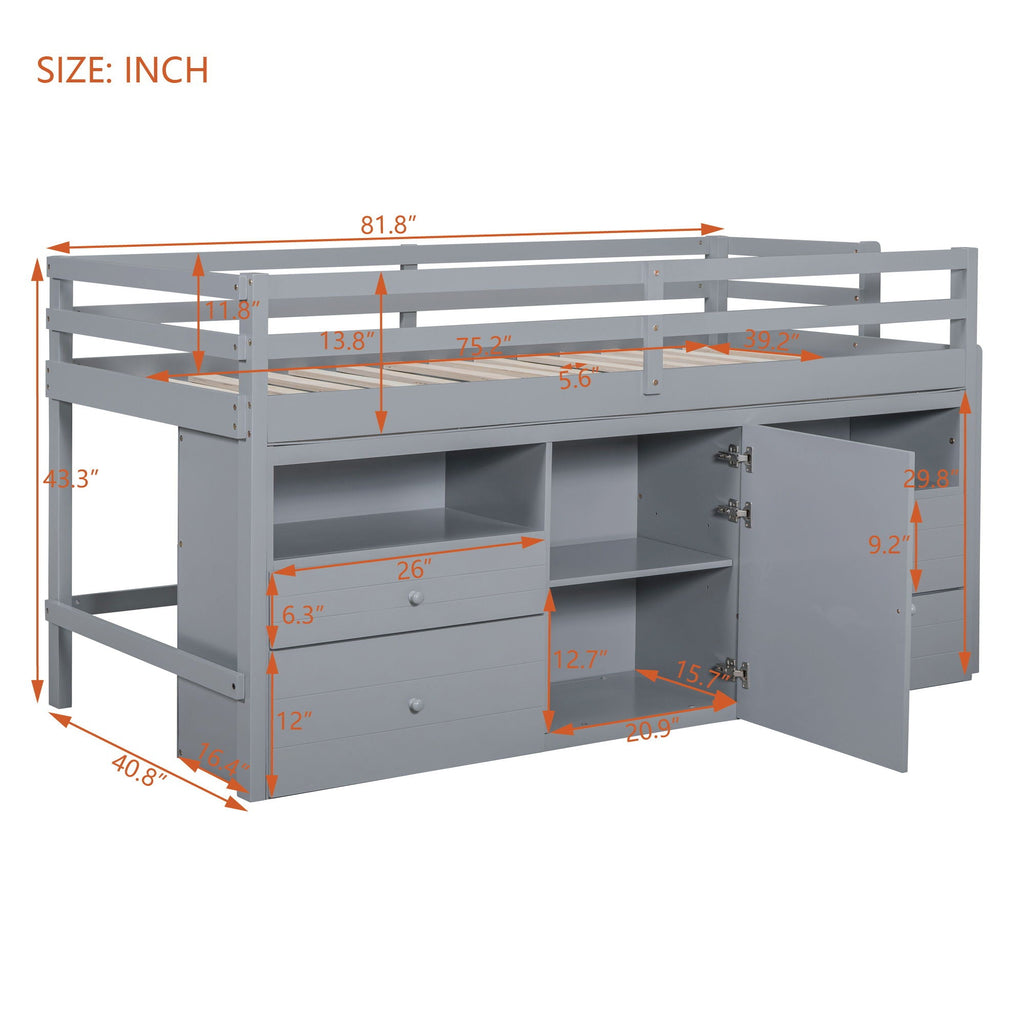Loft Bed With 4 Drawers, Underneath Cabinet And Shelves