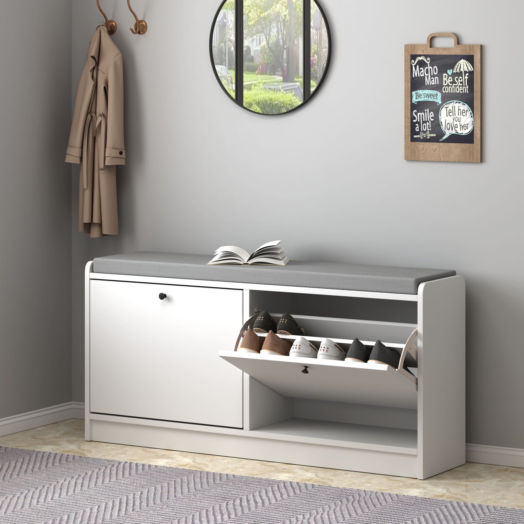 Shoe Storage Bench With Cushion, Entryway Organizer Cabinet For Hallway - White