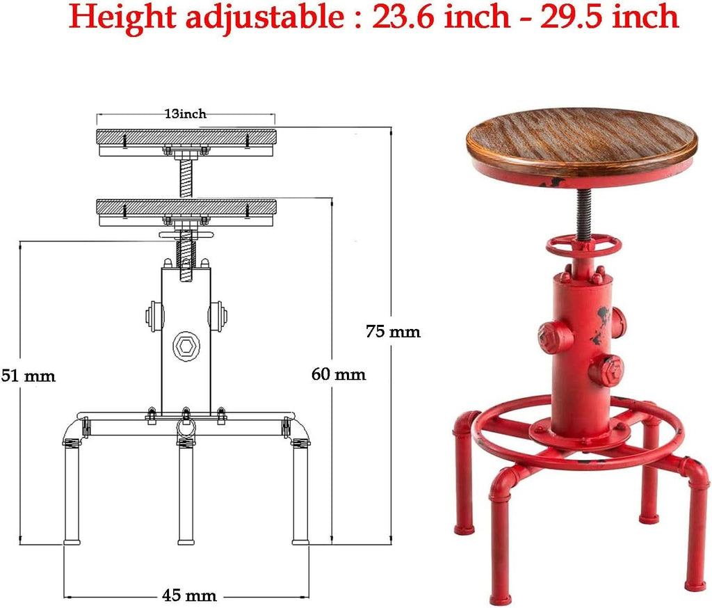 Antique Industrial Barstools Set With Adjustable Wooden Seats