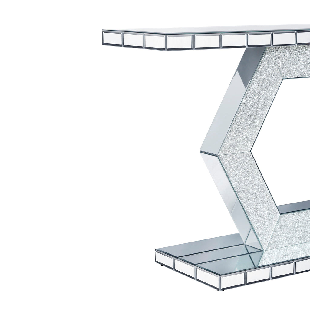 Sparkling Crystal Hexagon Mirror Entryway Premium Modern Foyer Console Table With Diamond Glass Effects, Dual Tier Luxury Sofa Table - Silver