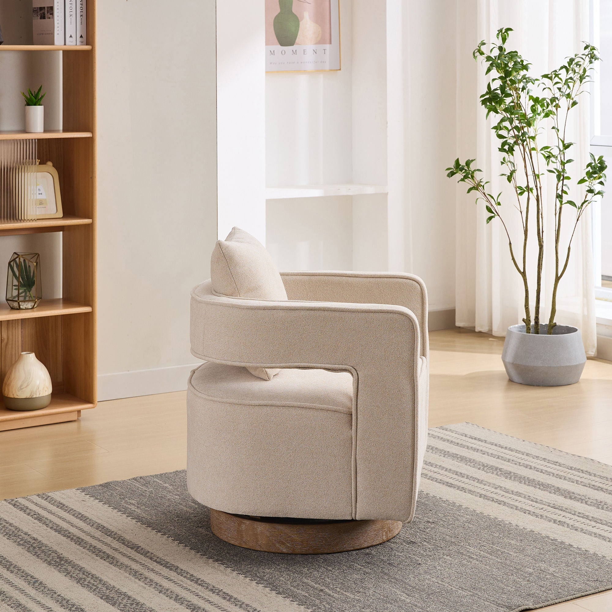 Swivel Accent Open Back Barrel Chair With Weathered Base