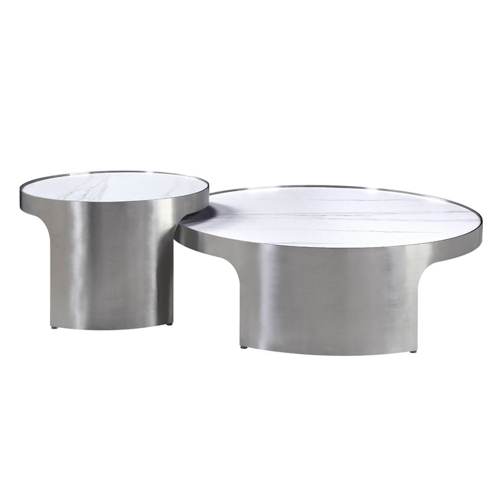 Abilene - Nesting Coffee Table Set - Marble Top & Brush Silver