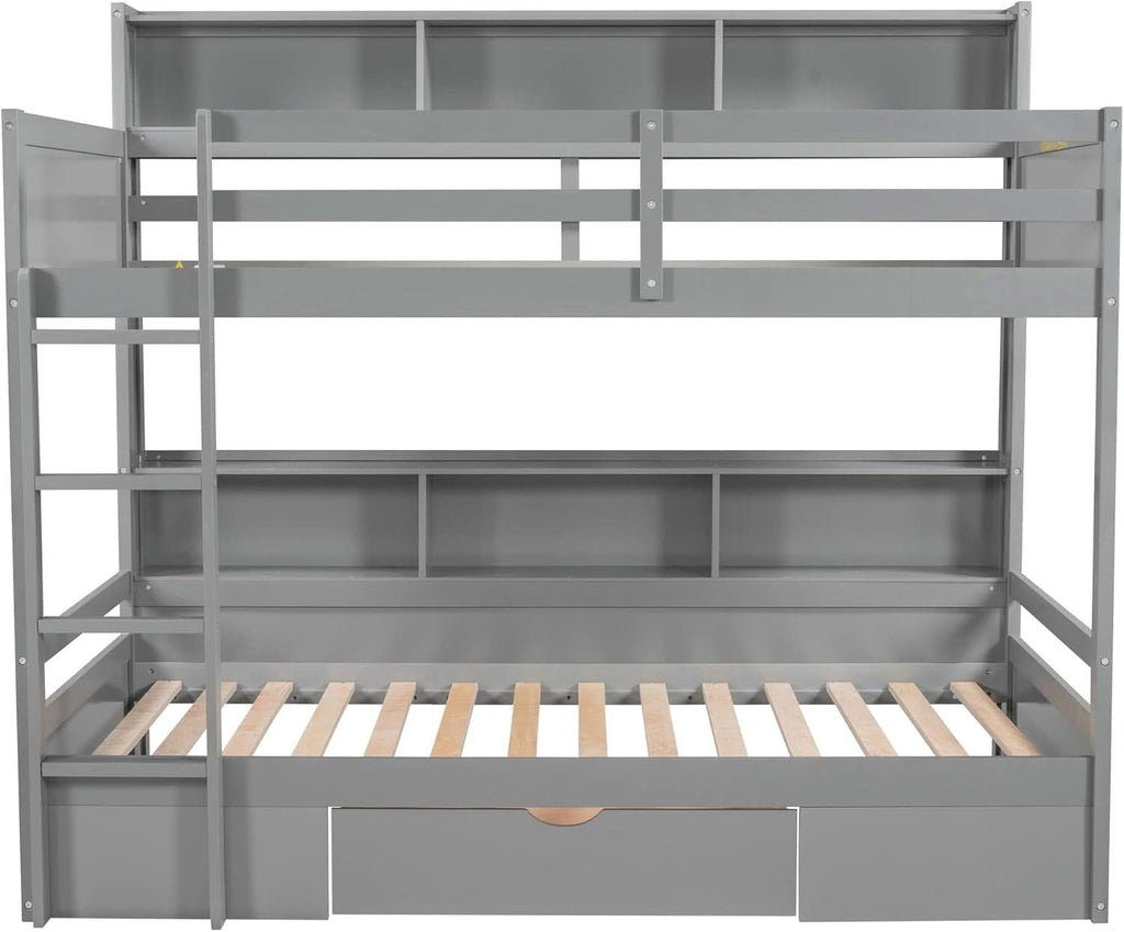 Grey Wood Twin Over Twin Bunk Bed With Storage Shelves And Drawer