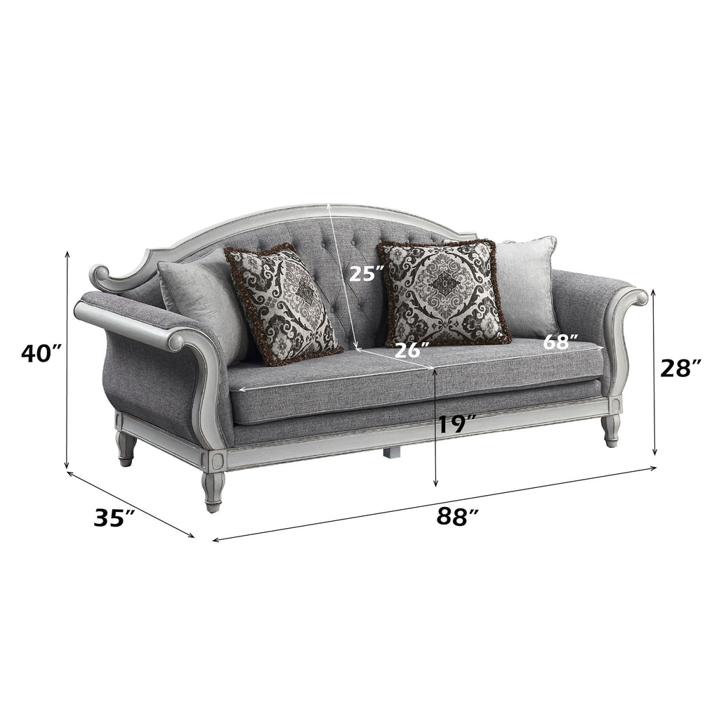Florian - Sofa With 4 Pillows - Gray Fabric & Antique White