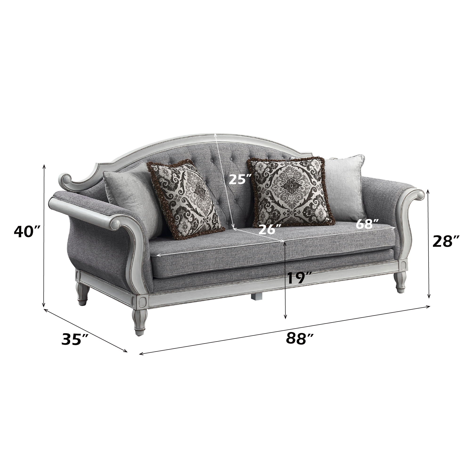Florian - Sofa With 4 Pillows - Gray Fabric & Antique White