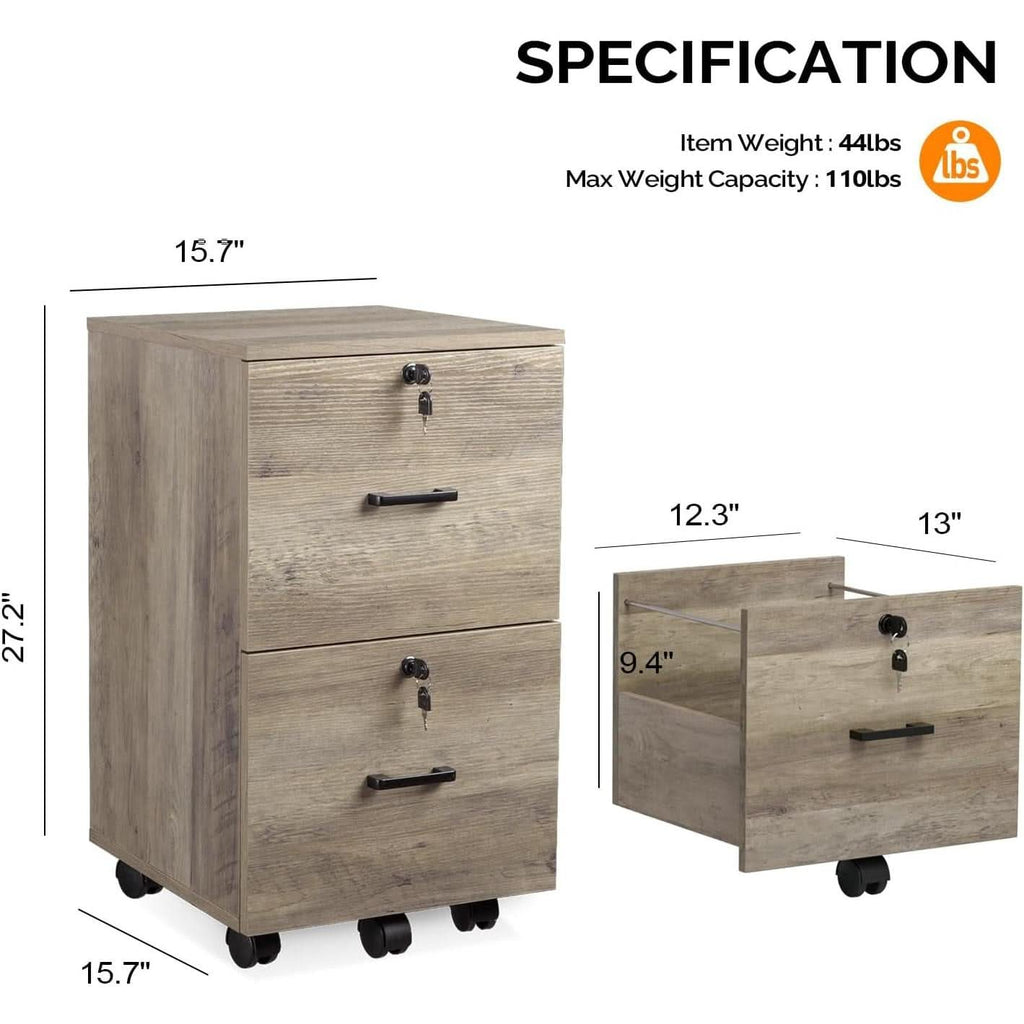 Rolling File Cabinet With Lock And Two Drawers For Letter Files