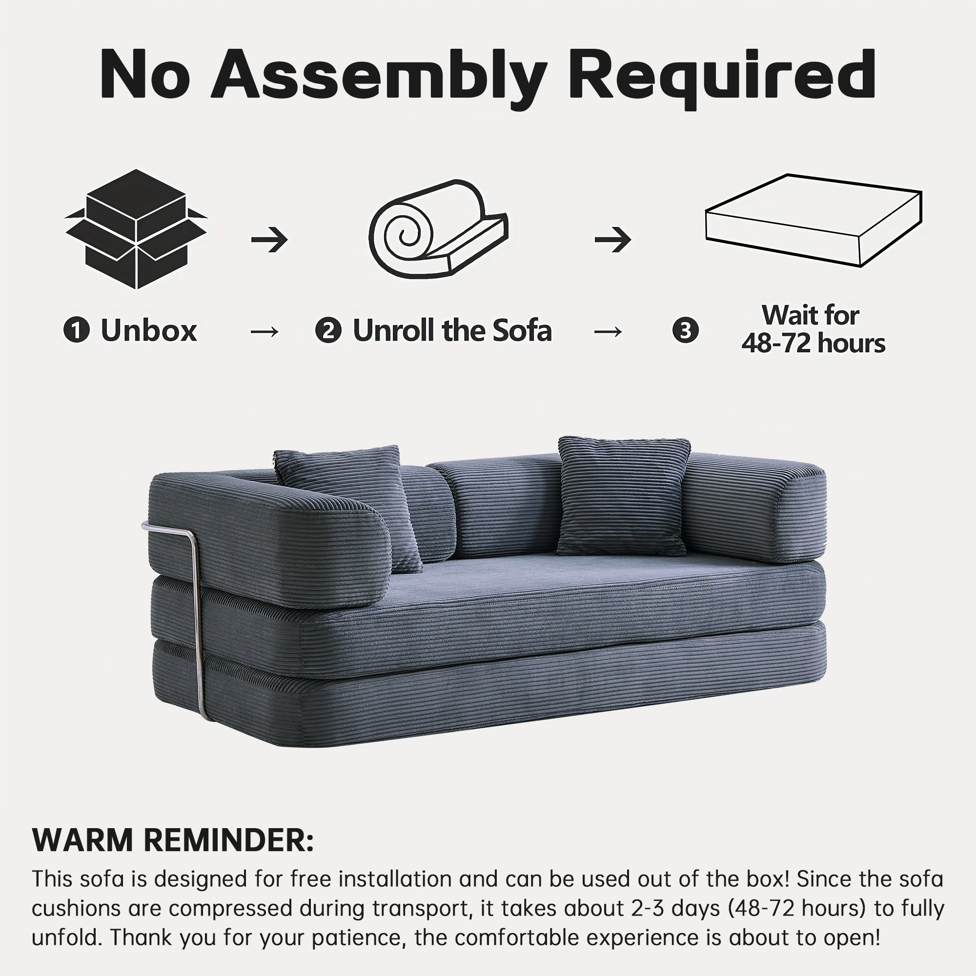 Sofa Bed Floor 5-in-1 Corduroy Gray Convertible Pillow Blanket 74.8 In